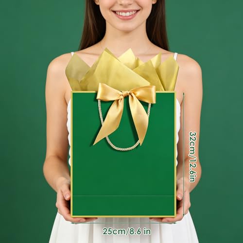 Image of JMANNI 1PCS Gift Bag with Ribbon and 1 Greeting Card 2 Tissue Papers, Portable Paper Gift Bag with Handles, Birthday Present Bags for Wedding Party,Mothers Day 12.6 inch x 9.8 inch x 3.9 inch(green gold