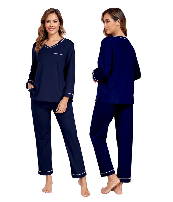 COLORFULLEAF Pijama largo para mujer, 100% algodón, pijama de dos piezas, cuello en V, ropa de dormir de manga larga, azul marino, XL