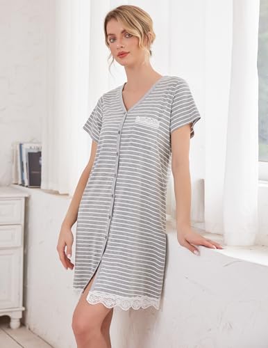 Ekouaer Nightgowns for Women Button Down Nightgown Striped Dress Short Sleeve Sleepwear S-3XL2
