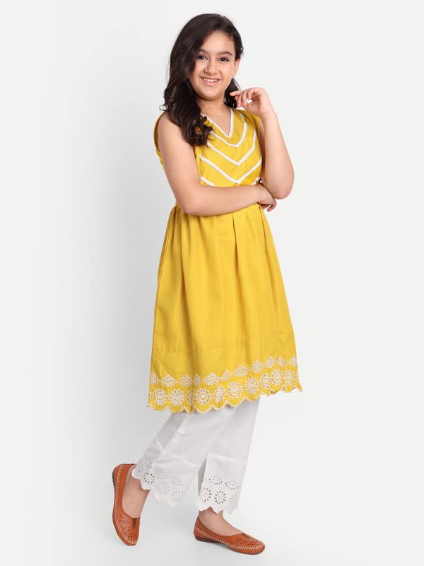 Image of Modish Couture Kid's Girl Stylish Fashionable Self Design Kurta & Plazzo Set (Musterd &White) - MDCT 021