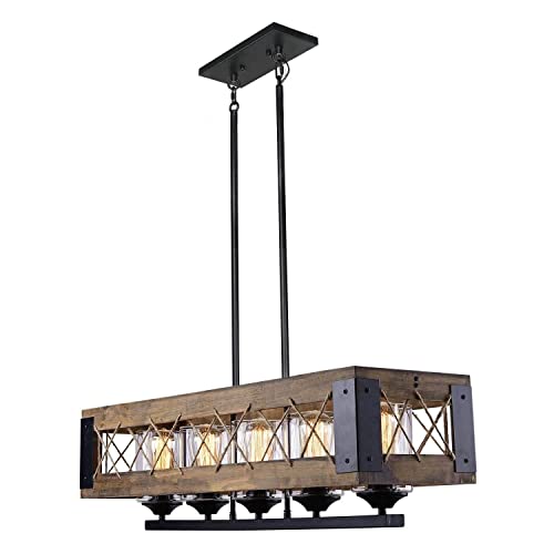 Laluz Farmhouse Chandelier, 5-Light Kitchen Island Lighting With Clear Glass, Wood And Black Finish, 32 Inches #TOP21