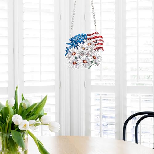 Image of AiYuanzsh Patriotic Diamond Painting Hanging Ornament, American Flag with White Daisies, DIY 5D Diamond Art Pendant Kit with Chain, Independence Day Crystal Suncatcher Home Decoration Craft