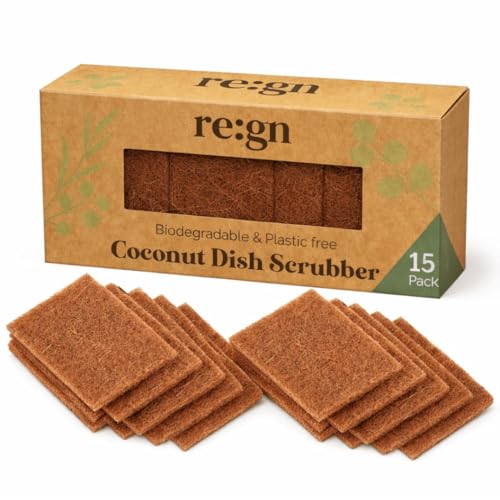Re:gn 15 Biodegradable Coconut Kitchen Scourers Pack of 15 - Eco Friendly Dish Scrubber, Plastic Free Sponge Alternative, Natural Washing Up & Cleaning Scourers (1-Pack)