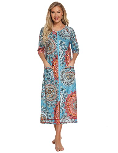 Image of Veseacky Women Robe Zipper Front House Coat 3 /4 Sleeve Nightgown Full Length Ladies Lounge Dress with Pockets S-XXL