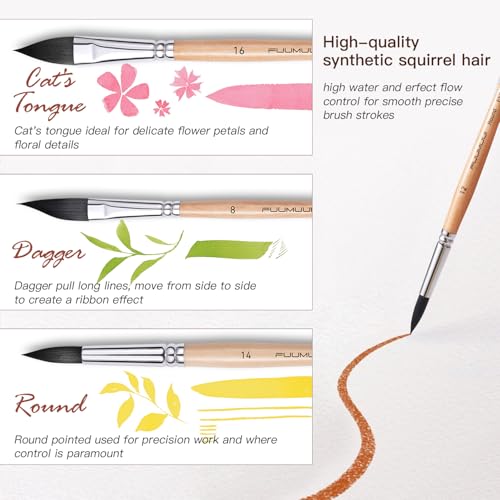 Image of Watercolor Brush Set, Fuumuui 10pcs Professional Synthetic Squirrel Paint Brushes for Artists - Flat, Round Pointed, Dagger, Cats Tongue Oval Wash