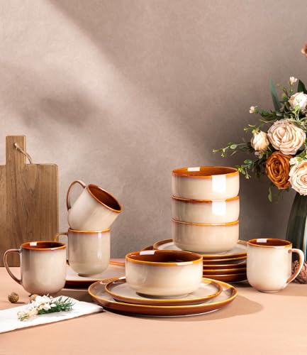 Image of LERATIO Ceramic Dinnerware Sets for 4,16-PieceReactive Glaze Plates and Bowls Set with Mugs,Highly Chip and Crack Resistant | Dishwasher,Microwave & Oven Safe Dishes set-Kahki