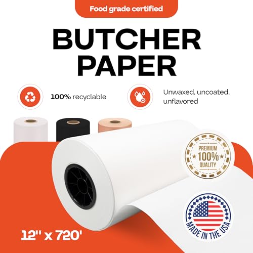 Image of White Butcher Paper Roll 12 inch x 8640 inch (720 feet) - USA-Made Natural Food-Grade Paper for Cooking Meat and Fish - Unwaxed Material for Smoker, BBQ & Grilling by IDL Packaging
