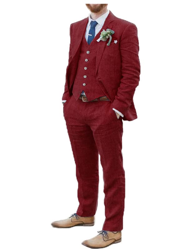 2025 Fashion Men Linen Suits Sets for Beach Wedding Long Sleeves 3 Piece Tuxedo for Party JXZ098