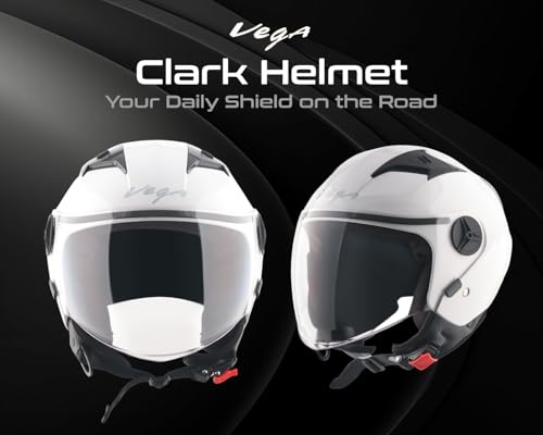 Image of Vega VO-05 Clark ISI Certified Open Face Motorcycle Helmet with High-Impact ABS Shell, Scratch-Resistant Visor, Comfortable Breathable Inner Padding & Secure Strap - White - L