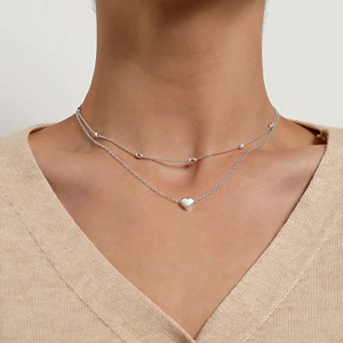 Aluinn Love Heart Layered Choker Necklace Silver Simple Beads Pendant Necklace Simple Chain For Women And Teen Girls #TOP2
