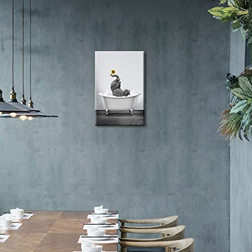 Black and White Canvas Wall Art Funny Animal for Bathroom Kitchen Bedroom Elephant with Yellow Sunflower in Bathtub Giclee Print Picture Painting Stretched on Canvas Framed Artwork 12x18inch - Image 5