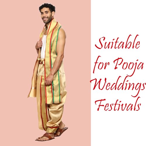 Image of Rameshwaram Fabrics Mens Ready to Wear Silk Dhoti with Angwastra Set - Pocket Dhothi