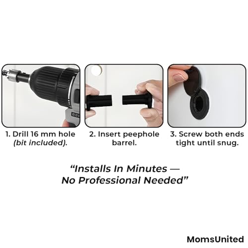 MomsUnited Door Peephole for Front Door – Matte Black Viewer with Privacy Cover for Added Security, Easy Install Peep Hole, 200° Wide Viewing Angle, Includes Drill Bit & Allen Wrench, Pack of 3 by MomsUnited - Image 6