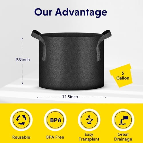 Image of iPower 5 Pack 5 Gallon Grow Bags, Garden Planting Nonwoven Fabric Pots with Reinforced Handle, Heavy Duty and Aeration Planter Pot for Tomato, Fruits, Vegetables and Flowers