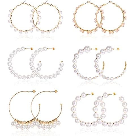 Florideco 4-6 Pairs 55-77MM Faux Pearl Huge Hoop Earrings for Women Lightweight Open Large Circle Round Beaded Earrings Brides Jewelry, Pearl Crystal, other Cover