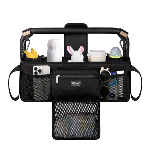 Image of TOPDesign Universal Baby Stroller Organizer, Double Stroller Caddy with Detachable Mesh Bag & Heightened Insulated Cup Holders & Non-Slip Secure Hooks Accessories, Fits Most Strollers (Black)