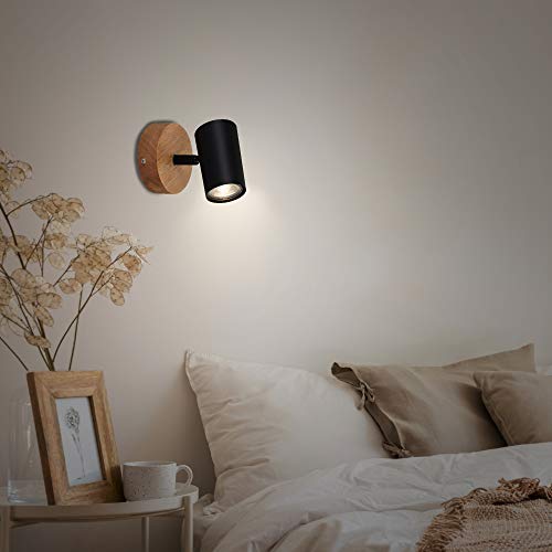 Briloner Leuchten – lampa punktowa, lampa ścienna, kinkiet retro, vintage, reflektor punktowy obrotowy i wychylny, 1 x GU10, metal drewno, czarny, 90 x 120 mm (DxA), 2920-015