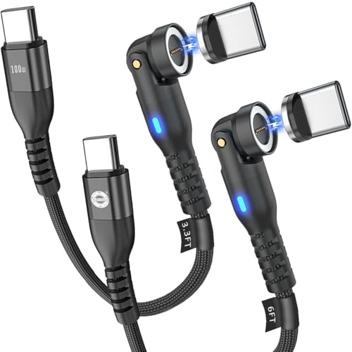 EndlesShine Magnetic USB C Charging Cable PD 100W 2 Pack 3.3FT+6FT, Magnetic Phone Fast Charger 90 Degree Right Angle 180 & 360 Rotation 9 PIN 480Mbps Data Transfer Magnet Cord for Type C(Black)