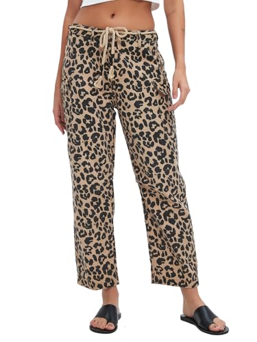 Distressed Baggy Jeans for Woman Leopard Mid Waist Wide Leg Denim Cargo Pants with Pockets Drawstring