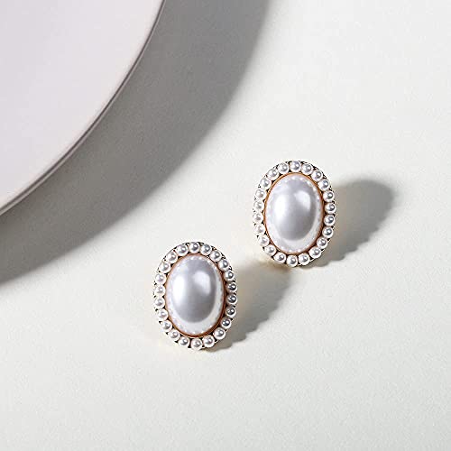 Pearl Clip On Earrings For Women Non Pierced 14K Gold Plated Oval Earrings (White) #TOP4