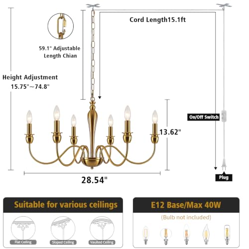 Image of ETONIMERR 6 Lights Plug in Chandelier Gold Plug in Hanging Light Fixture