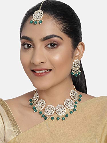 Image of ZAVERI PEARLS Gold Tone Kundan & Green Beads Wedding Collection Choker Necklace Earring & Maangtikka Set For Women-ZPFK10207