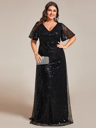 Ever-Pretty Plus Women's V Neck Sequin Plus Size Ruffle Sleeves Long Formal Dresses 02120-DAPH3