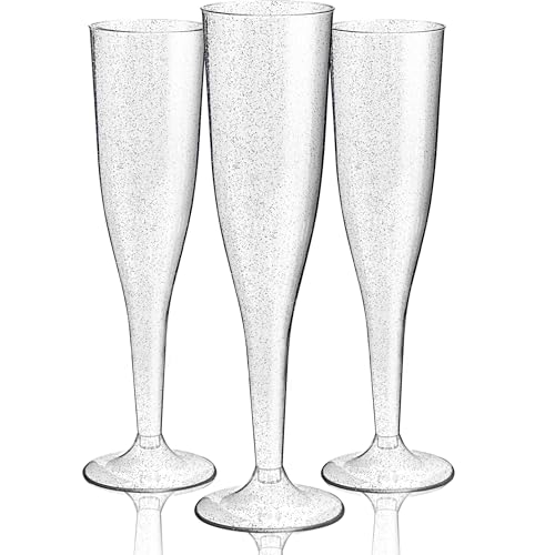 WDF 36 Pack Silver Glitter Plastic Champagne Flutes - 7OZ Disposable Silver Champagne Glasses for Baby Shower Wedding Spring