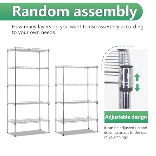 Image of BestOffice | 5-Tier Wire Shelf | 22 inch x 12 inch x 48 inch | Chrome | Storage Shelves with Adjustable Racks, Holds upto 750 lbs | Rust-Resistant, No-Tool Assembly | For Home, Garage