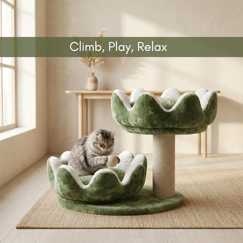 Image of 2-Tier Flower-Shaped Cat Tree with Sisal Scratching Post, Plush Beds, Green, 16x19x18 Inch (FURR-004-FLOWER) (Green)