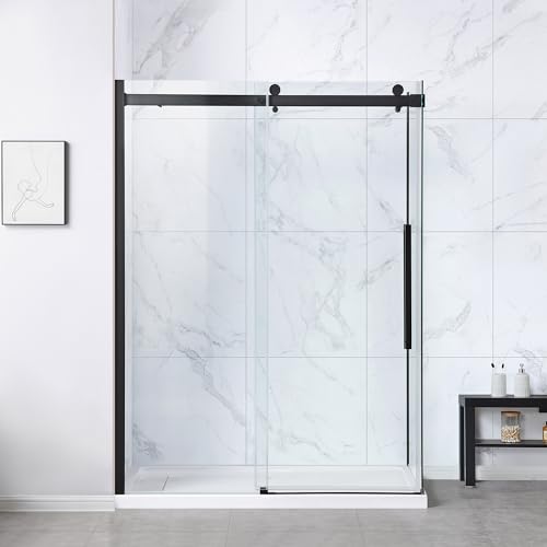 OVE Decors Bel 60-in W x 81-in H Framless Sliding Shower Door Corner Shower Kit, Shower Base and Side Panel Included in Matte Black and Clear Glass