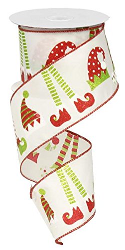 Elf Christmas Wired Ribbon: White Red Lime Green 2.5 Inches X 10 Yards