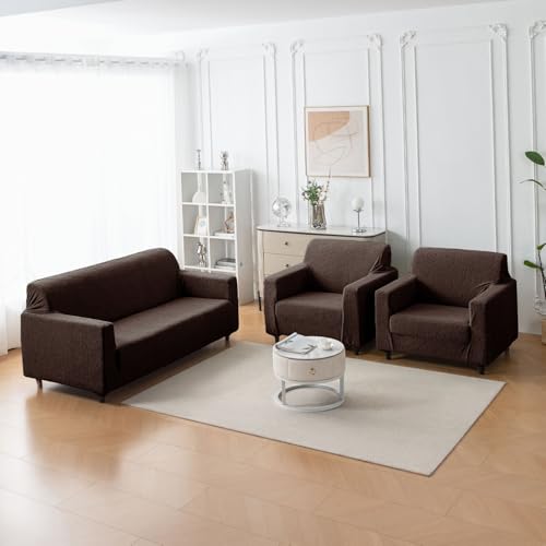 Image of House of Quirk Universal Jacquard Fabric Sofa Cover - Soft, Stretchable Couch Slipcover for 5-Seater (3+1+1), Flexible Fit, Wrinkle-Resistant & Easy to Clean (Brown)