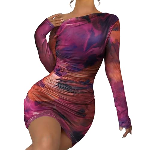 Image of Women's Long Sleeve Bodycon Mini Dress Tie Dye Print Slim Fit Asymmetrical Neck Elegant Formal Ruched Short Dresses
