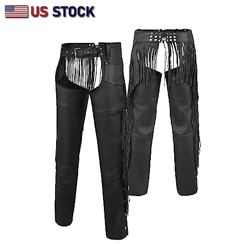 ROUTE66 HIGHWAY LEATHER Tassel Chap Fringe Chaps Motorcycle Riding Bikers Chap Black (Large)