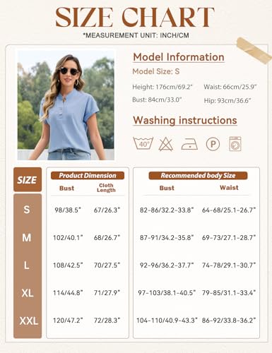 Niwicee Womens Blouse Summer Short Sleeve Blouse V-Neck Top Button Down Cotton Shirt Ladies Solid Color Elegant Work Casual Loose Fit Basic Tee (Sky Blue, M) - Image 4