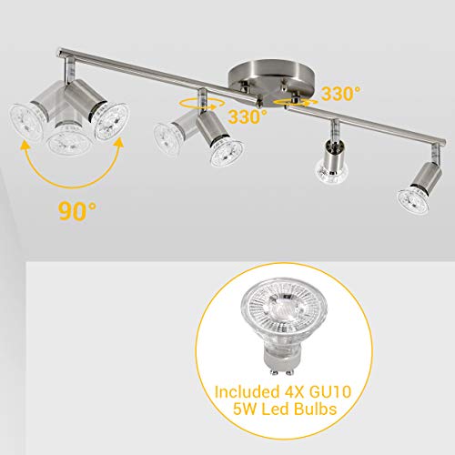 Led 4 Light Track Light Kit, Matte Nickel 4 Way Ceiling Track Lighting, Cri≥90, Flexibly Rotatable Light Head, Ceiling Spot Light For Exhibition/Hallway, Included 4X 5W Led Gu10 Bulbs(2700K, 510Lm) #TOP1