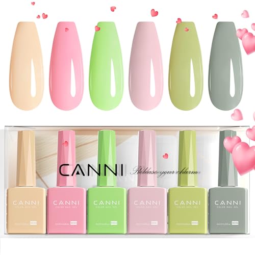 CANNI Vernis à Ongles Gel Semi Permanent 6 Couleur UV Nail Polish jaune rose vert gris Semi-permanent Valentinstag für Maniküre Nageldesign 9ml