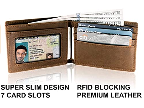 Image of Contacts Men's Genuine Leather Wallet | RFID Blocking Bifold Wallet for Men | Up to 8 Card Slots Including 1 ID Window (Hunter Brown)