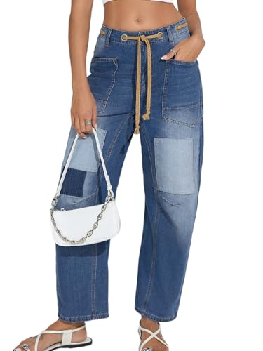 ALSOGO Women's Barrel Jeans Vintage Wide Leg Mid Rise Y2k Baggy Boyfriend Jean Ankle Denim Pants with Drawstring2