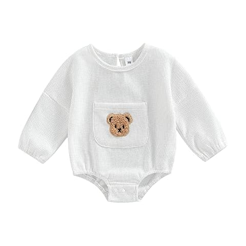 Douhoow Cute Baby Sweatshirt Romper Waffle Knit Baby Clothes Infant Girl Boy Fall Winter Outfits, Beige, 6-12 months Cover
