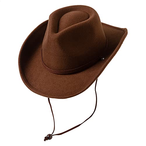 Jastore Kids Girls Boys Wide Brim Western Cowboy Cowgirl Hat with Wind Lanyard Felt Fedora Hat (Coffee, 5-12 Years)