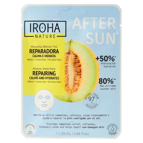 Iroha Nature Mascarilla Facial AFTERSUN para REPARAR, CALMAR e HIDRATAR la piel después de la exposición al sol. Con Melón, Camomila y 9% Aloe Vera. Reduce las rojeces, refresca y alivia al instante.