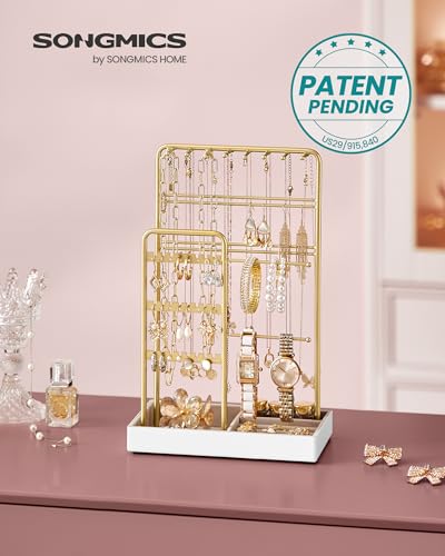 Image of SONGMICS Set of 2 Jewelry Holders, Jewelry Organizers Display Stands with Metal Frame, Velvet Tray, Necklace Earring Bracelet Holders, for Studs, Rings, Gift Idea, Pale Gold UJJS021A01V1-2J