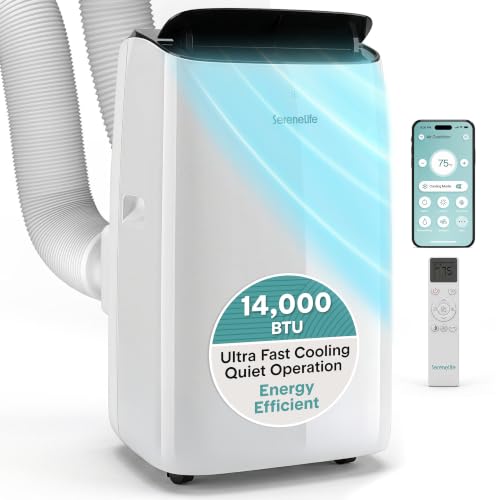 Image of SereneLife 14000 BTU Inverter Portable Air Conditioner with Wi-Fi | Portable AC Unit with Dehumidifier, Fan Modes, Dual Hose System | Compact Standing Air Conditioner with Window Kit (White)