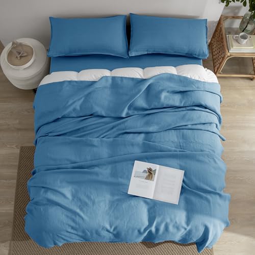 EVERLY Linen Twin Sheets Set, 100% Stonewashed French Linen Bed Sheets Deep Pocket Sheets, 3 Pieces (1 Flat Sheet, 1 Fitted Sheet, 1 Pillowcase) Natural Flax Bedding Set-Blue