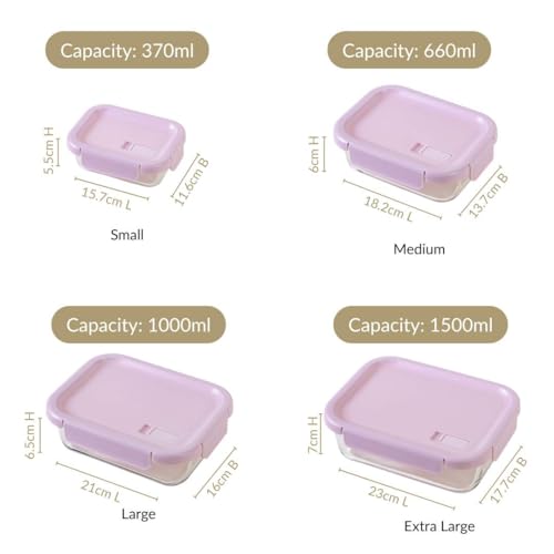 Image of Nestasia Borosilicate Glass Containers with Clip Locks Set of 4 (370ml, 660ml, 1L, 1.5L) - Airtight & Leakproof Containers with Air Vent Lid for Fridge Storage | Microwave & Dishwasher Safe (Lavender)