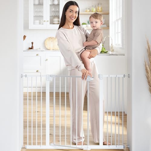 Image of Comfy Cubs Baby Safety Gate with 3 Extensions - Adjustable 42" x 1.9" x 30" Q195 Steel Doorway Barrier - Powder-Coated Finish for Stairs and Doorways - Walk-Through Design Pet Gate - White