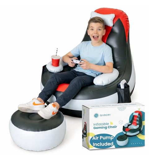 Qadory Inflatable Gaming Chair for Kids Supports Up to 300 lbs Includes Air Pump Cup Holder 2 Pockets Durable Bean Bag Seat Comfy Kids Gaming Chair & Top Gamer Chairs for Kid Room