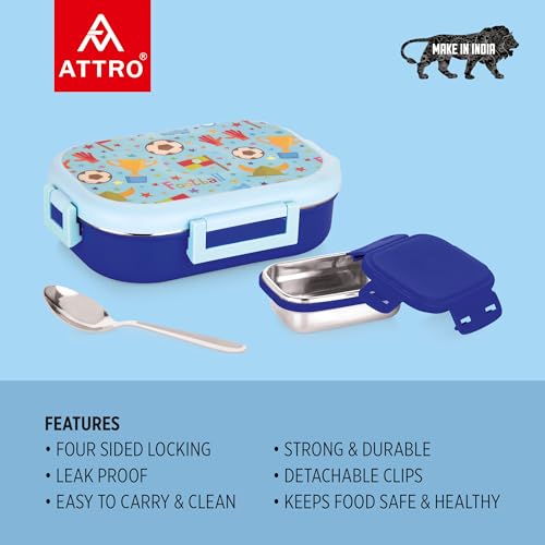 Image of Attro Food Time Deluxe Stainless Steel Lunch Box with 1 Small Container & Eyecatchy Prints Airtight & Spillproof - 750ml+250ml Football Light Blue Dark Blue